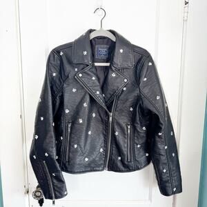 Abercrombie & Fitch Faux Leather Moto Jacket Daisy Painted Black Floral Size XL